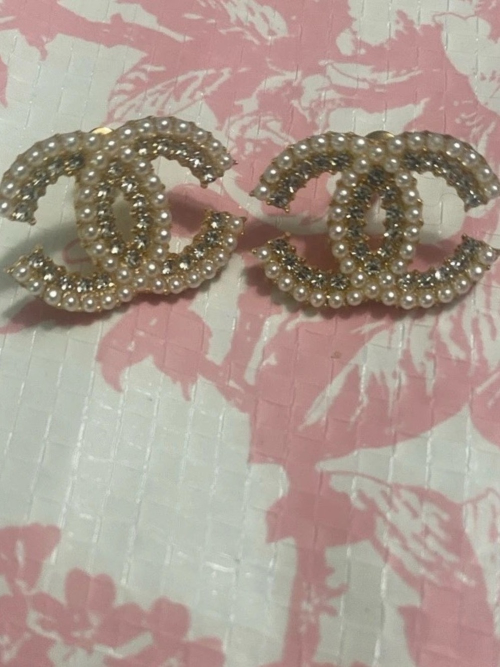 Fashion C Crystal and Faux Pearl Earrings Gold & Pink